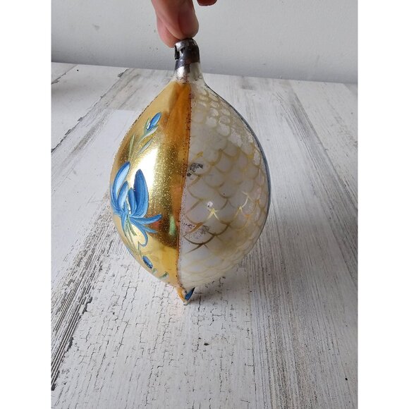 Antique flower striped teardrop glass Mercury ornament Xmas tree yellow blue she - Picture 1 of 10